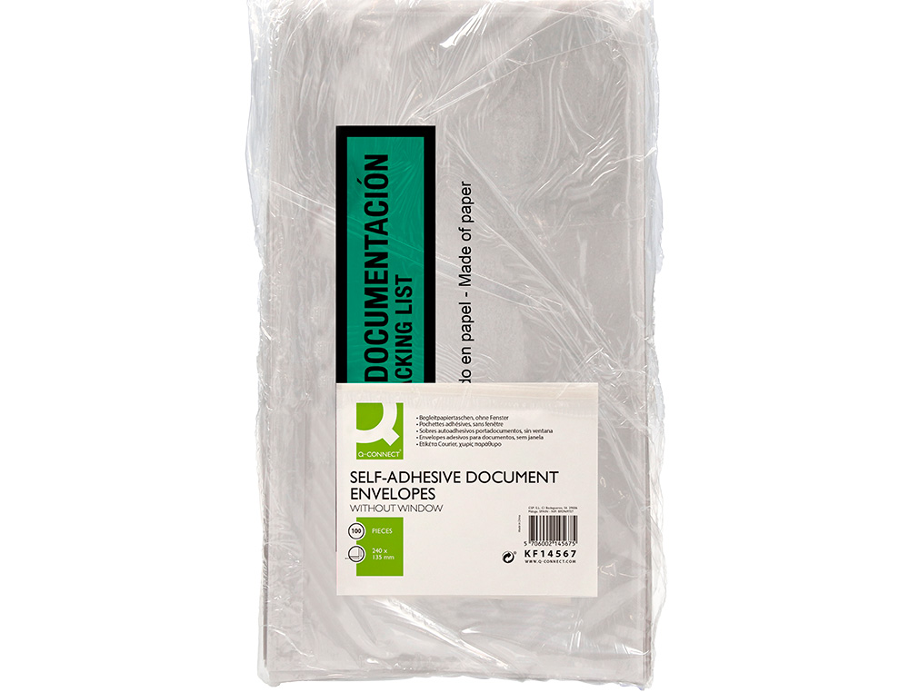 POCHETTE PORTE-DOCUMENTS Q-CONNECT 240X135MM AUTO-ADHESIVE EN PAPIER TEXTE ESPAGNOL ANGLAIS BOITE 100 UNITES