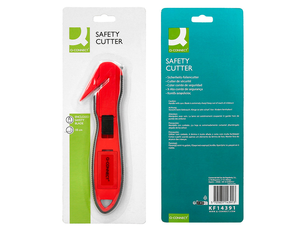 CUTTER DE SECURITE XD-G03 Q-CONNECT EN PLASTIQUE ET     GOMME AVEC ERGOT EN METAL LAMEFIXE PROTEGEE