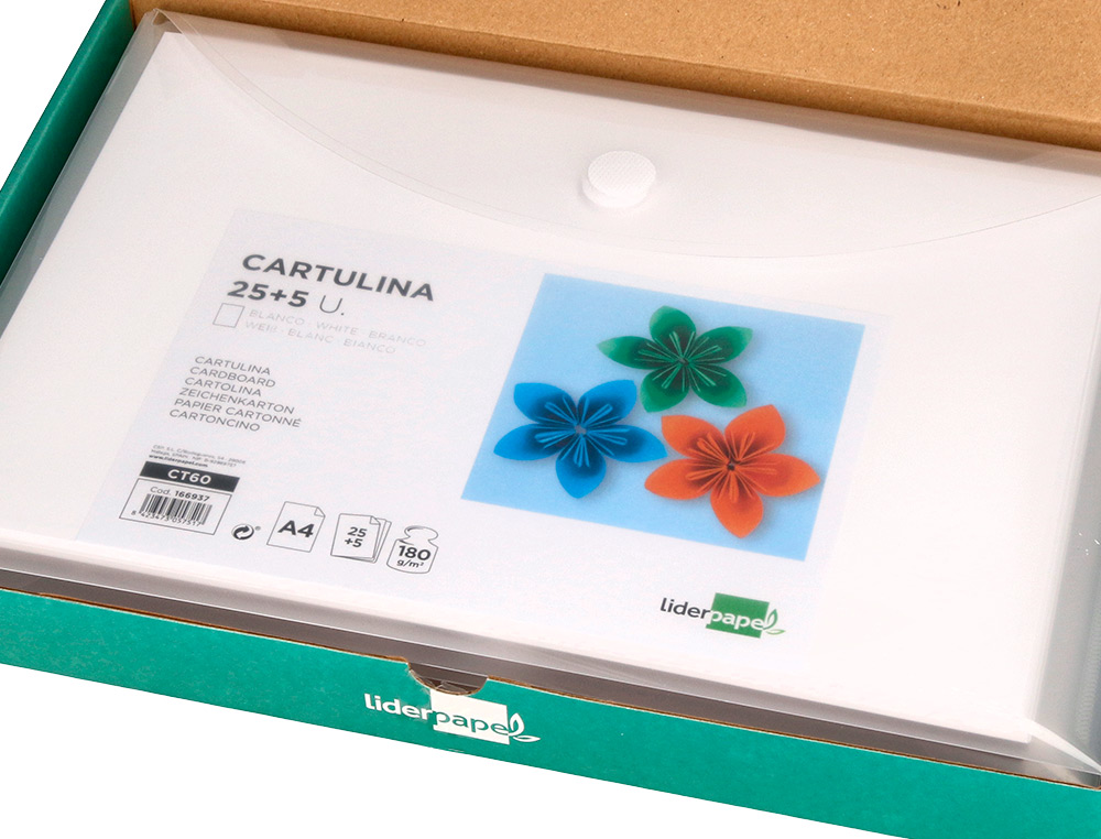 PAPIER CARTONNE LIDERPAPEL A4 180GR COLORIS BLANC PAQUET 25+5 FEUILLES