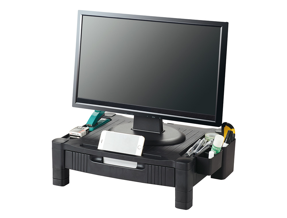 SUPPORT Q-CONNECT POUR MONITEUR/IMPRIMANTE HAUTEUR   REGLABLE 10,3CM A 13,3CM AVEC TIROIR 434X336X133MM COLORIS