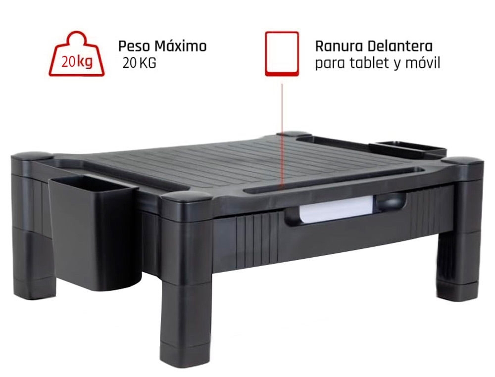 SUPPORT Q-CONNECT POUR MONITEUR/IMPRIMANTE HAUTEUR   REGLABLE 10,3CM A 13,3CM AVEC TIROIR 434X336X133MM COLORIS