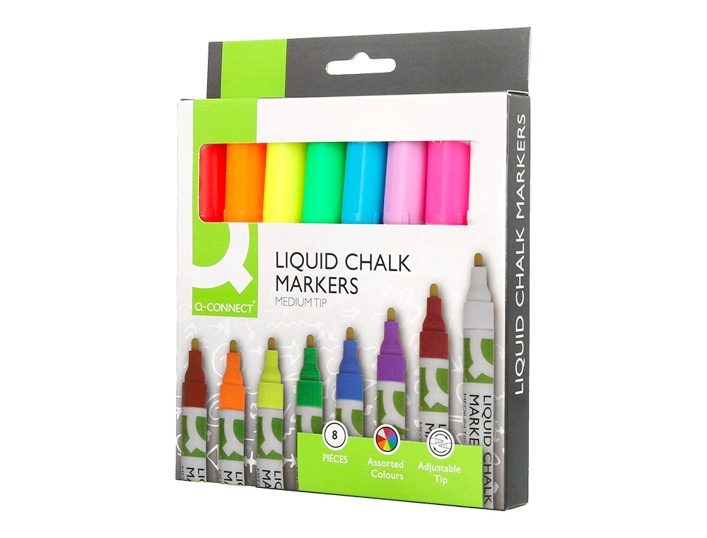 MARQUEUR Q-CONNECT CRAIE LIQUIDE POINTE RONDE TRACE    3MM COLORIS ASSORTIS BOITE 8  UNITES