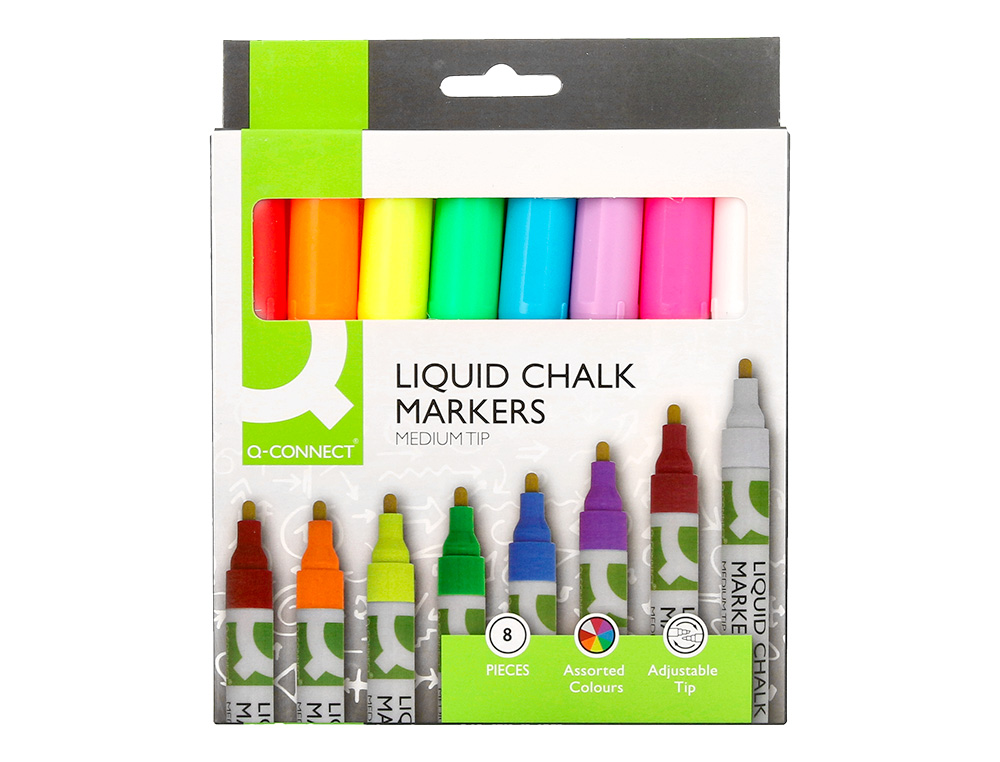 MARQUEUR Q-CONNECT CRAIE LIQUIDE POINTE RONDE TRACE    3MM COLORIS ASSORTIS BOITE 8  UNITES