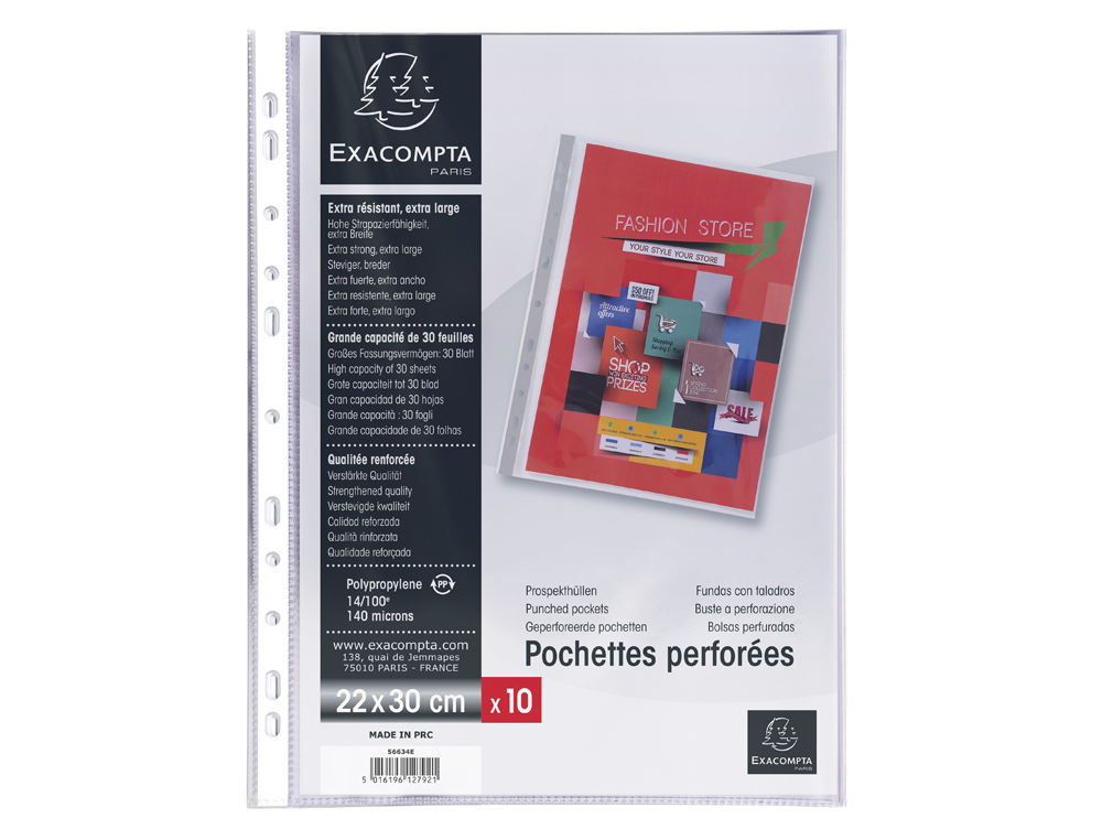POCHETTE PERFOREE EXACOMPTA A4+ PP PREMIUM LISSE 14/100EME 140 MICRONS PAQUET 10 UNITES