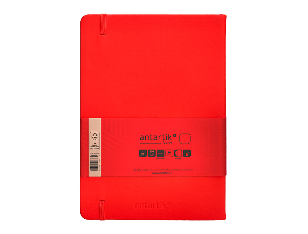 CARNET A5 ANTARTIK NOTES PAPIER UNI IVOIRE COUVERTURE  RIGIDE FERMETURE ELASTIQUE 100PAGES 80GR COLORIS ROUGE