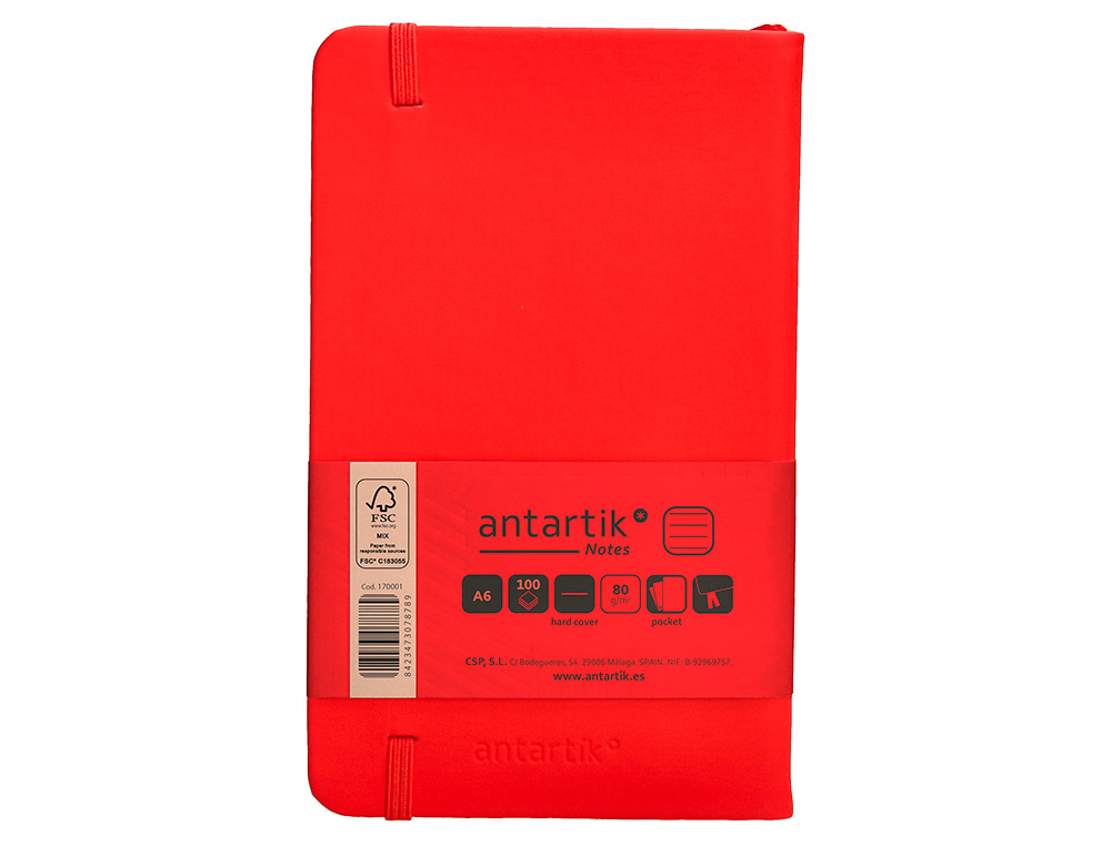 CARNET FERMETURE ELASTIQUE ANTARTIK NOTES COUVERTURE     RIGIDE A6 LIGNE 100 FEUILLES  80GR FSC COLORIS ROUGE