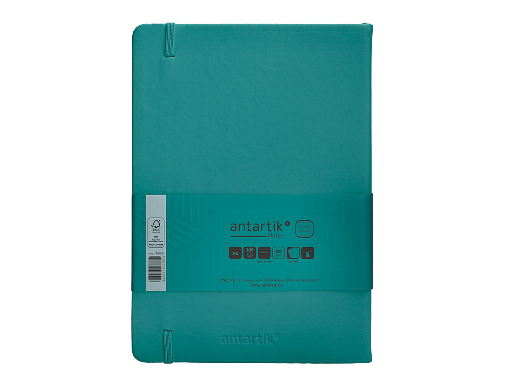 CARNET A5 ANTARTIK NOTES LIGNECOUVERTURE RIGIDE FERMETURE ELASTIQUE 100 PAGES 80GR COLORIS VERT PAON