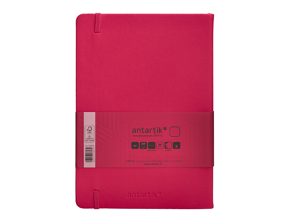 CARNET A5 ANTARTIK NOTES PAPIER UNI IVOIRE COUVERTURE  RIGIDE FERMETURE ELASTIQUE 100PAGES 80GR COLORIS FRAMBOISE