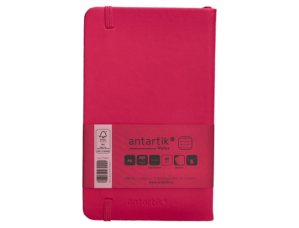 CARNET A6 ANTARTIK NOTES LIGNECOUVERTURE RIGIDE FERMETURE ELASTIQUE 100 PAGES 80GR COLORIS FRAMBOISE