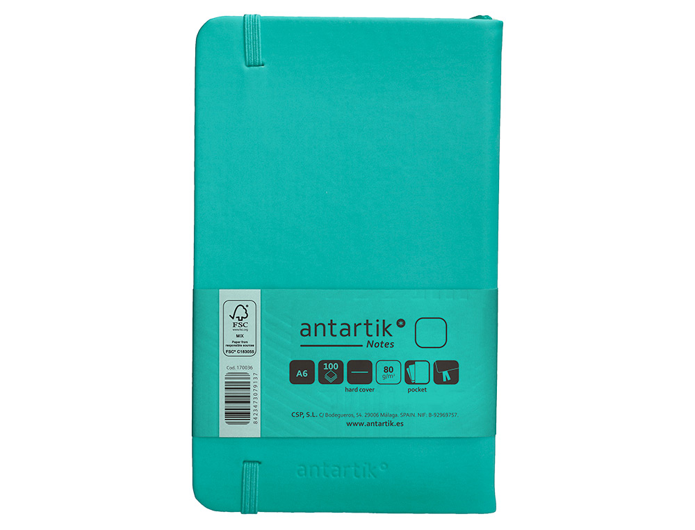 CARNET A6 ANTARTIK NOTES PAPIER UNI IVOIRE COUVERTURE  RIGIDE FERMETURE ELASTIQUE 100PAGES 80GR COLORIS VERT MENTHE