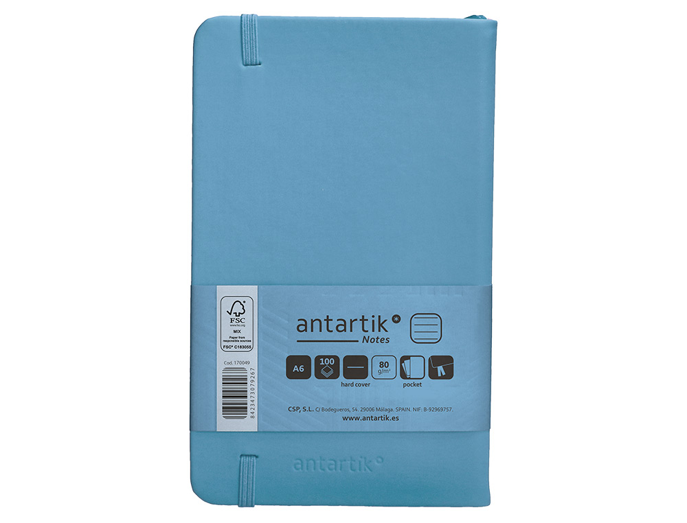 CARNET A6 ANTARTIK NOTES LIGNECOUVERTURE RIGIDE FERMETURE ELASTIQUE 100 PAGES 80GR COLORIS BLEU CIEL