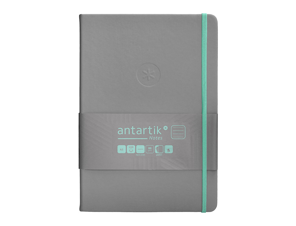 CARNET A5 ANTARTIK NOTES LIGNECOUVERTURE RIGIDE FERMETURE ELASTIQUE TURQUOISE 100 PAGES 80GR COLORIS GRIS