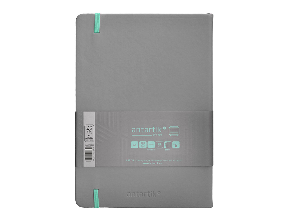 CARNET A5 ANTARTIK NOTES LIGNECOUVERTURE RIGIDE FERMETURE ELASTIQUE TURQUOISE 100 PAGES 80GR COLORIS GRIS