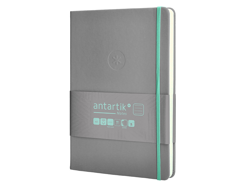 CARNET A5 ANTARTIK NOTES LIGNECOUVERTURE RIGIDE FERMETURE ELASTIQUE TURQUOISE 100 PAGES 80GR COLORIS GRIS