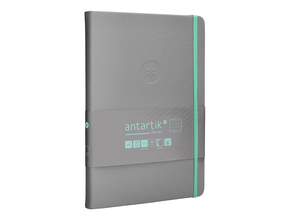 CARNET A5 ANTARTIK NOTES LIGNECOUVERTURE RIGIDE FERMETURE ELASTIQUE TURQUOISE 100 PAGES 80GR COLORIS GRIS