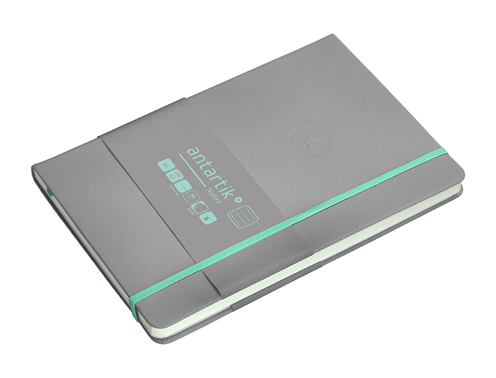 CARNET A5 ANTARTIK NOTES LIGNECOUVERTURE RIGIDE FERMETURE ELASTIQUE TURQUOISE 100 PAGES 80GR COLORIS GRIS