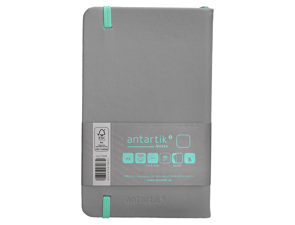 CARNET FERMETURE ELASTIQUE TURQUOISE ANTARTIK NOTES COUVERTURE RIGIDE A6 PAPIER UNI IVOIRE 100 FEUILLES 80GR FSC GRIS