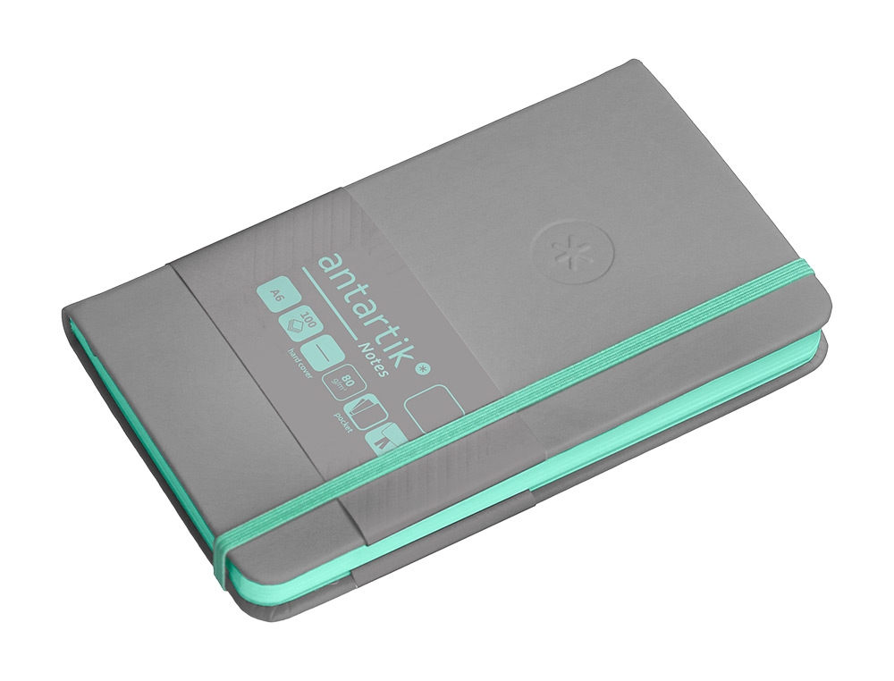 CARNET FERMETURE ELASTIQUE TURQUOISE ANTARTIK NOTES COUVERTURE RIGIDE A6 PAPIER UNI IVOIRE 100 FEUILLES 80GR FSC GRIS