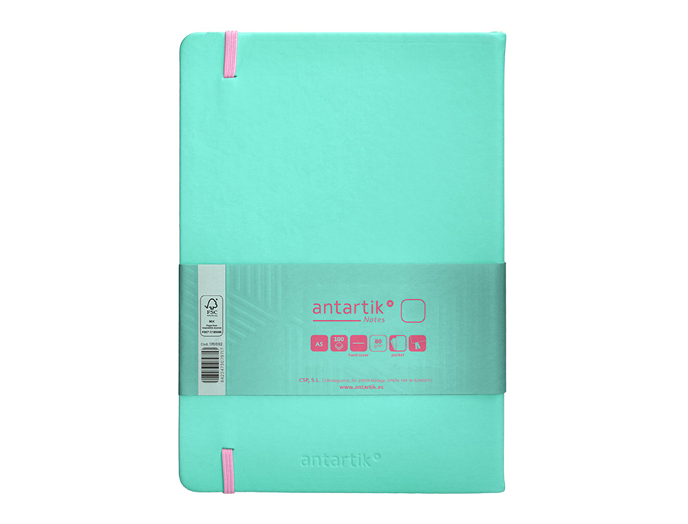 CARNET A5 ANTARTIK NOTES PAPIER UNI IVOIRE COUVERTURE RIGIDE FERMETURE ELASTIQUE ROSE 100 PAGES 80GR COLORIS TURQUOISE