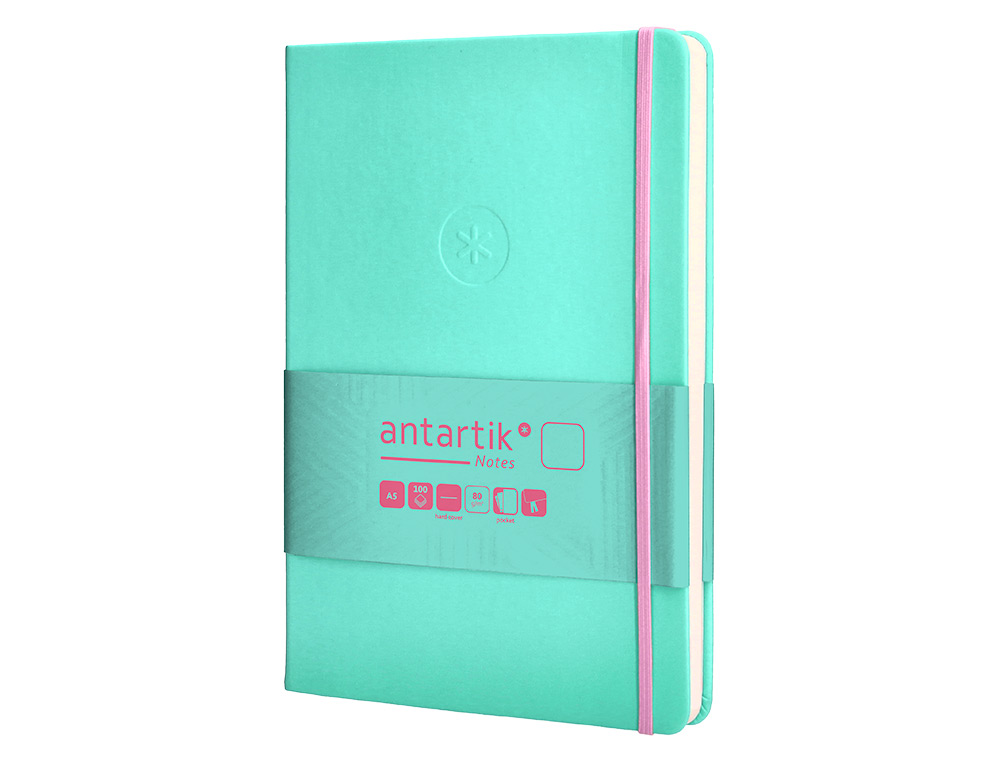 CARNET A5 ANTARTIK NOTES PAPIER UNI IVOIRE COUVERTURE RIGIDE FERMETURE ELASTIQUE ROSE 100 PAGES 80GR COLORIS TURQUOISE