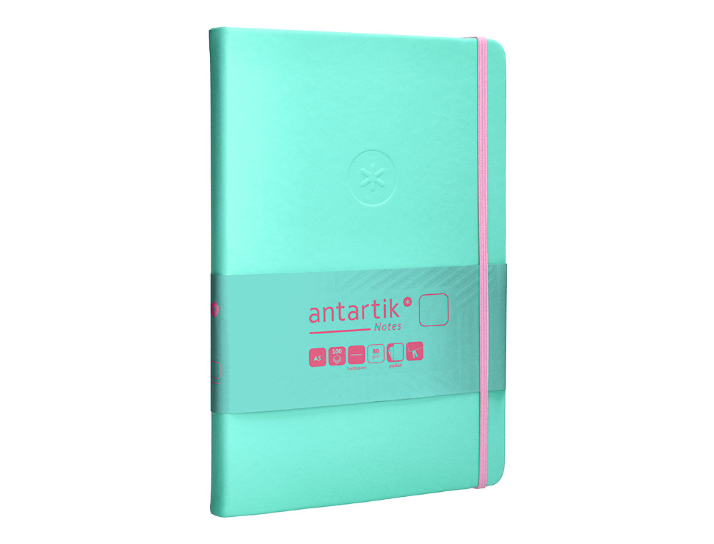 CARNET A5 ANTARTIK NOTES PAPIER UNI IVOIRE COUVERTURE RIGIDE FERMETURE ELASTIQUE ROSE 100 PAGES 80GR COLORIS TURQUOISE