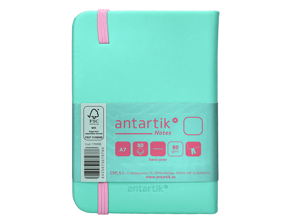 CARNET A7 ANTARTIK NOTES PAPIER UNI IVOIRE COUVERTURE RIGIDE FERMETURE ELASTIQUE ROSE 160 PAGES 80GR COLORIS TURQUOISE