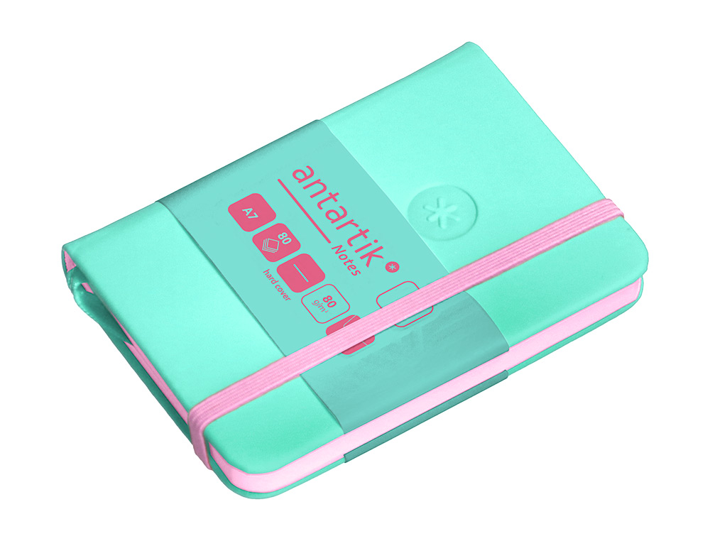 CARNET A7 ANTARTIK NOTES PAPIER UNI IVOIRE COUVERTURE RIGIDE FERMETURE ELASTIQUE ROSE 160 PAGES 80GR COLORIS TURQUOISE
