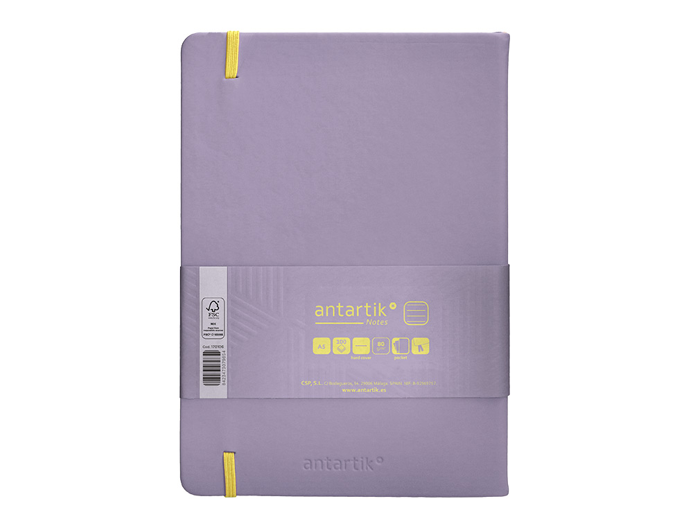 CARNET A5 ANTARTIK NOTES LIGNECOUVERTURE RIGIDE FERMETURE ELASTIQUE JAUNE 100 PAGES 80GRCOLORIS LILAS