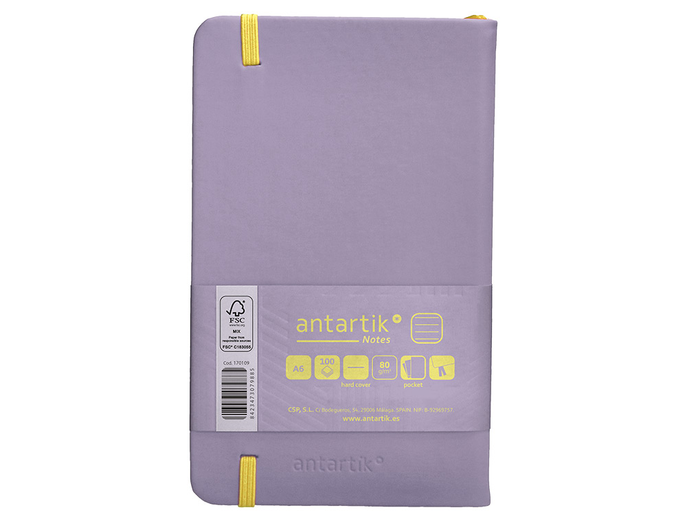CARNET A6 ANTARTIK NOTES LIGNECOUVERTURE RIGIDE FERMETURE ELASTIQUE JAUNE 100 PAGES 80GRCOLORIS LILAS