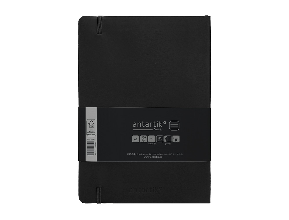 CARNET FERMETURE ELASTIQUE ANTARTIK NOTES COUVERTURE SOUPLE A5 LIGNE 100 FEUILLES 80GR FSC COLORIS NOIR
