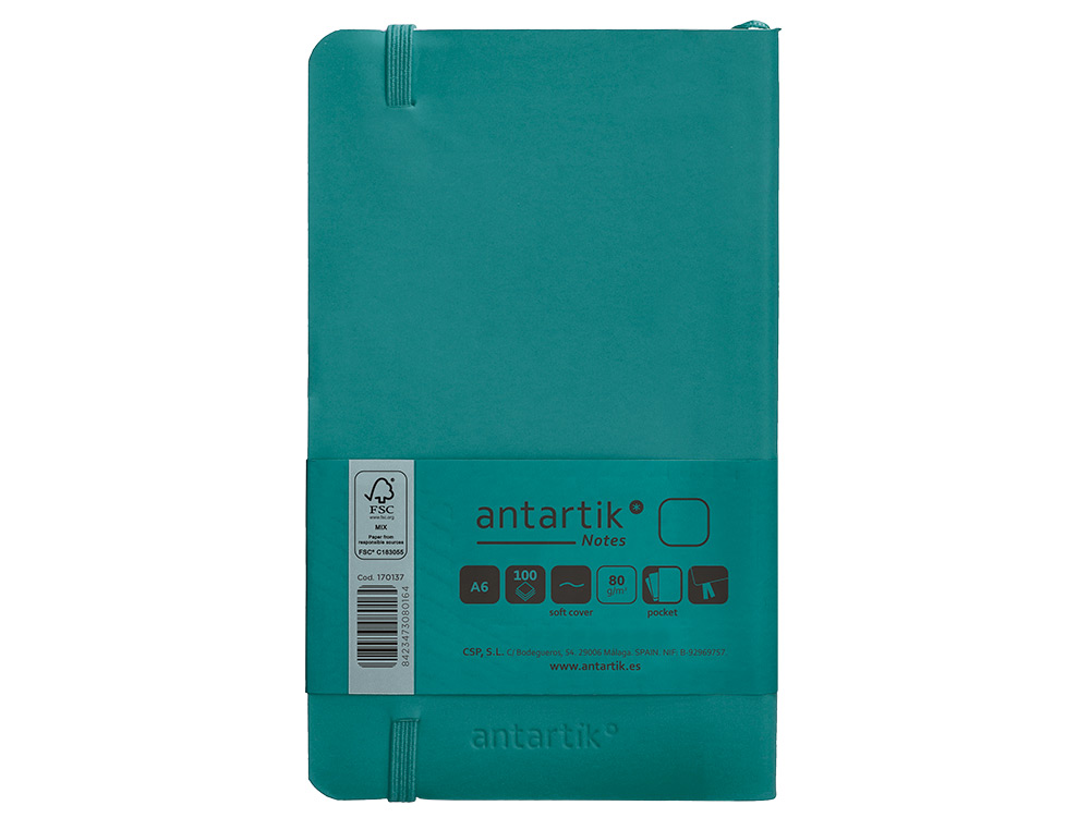 CARNET A6 ANTARTIK NOTES PAPIER UNI IVOIRE COUVERTURE  SOUPLE FERMETURE ELASTIQUE 100PAGES 80GR COLORIS VERT PAON