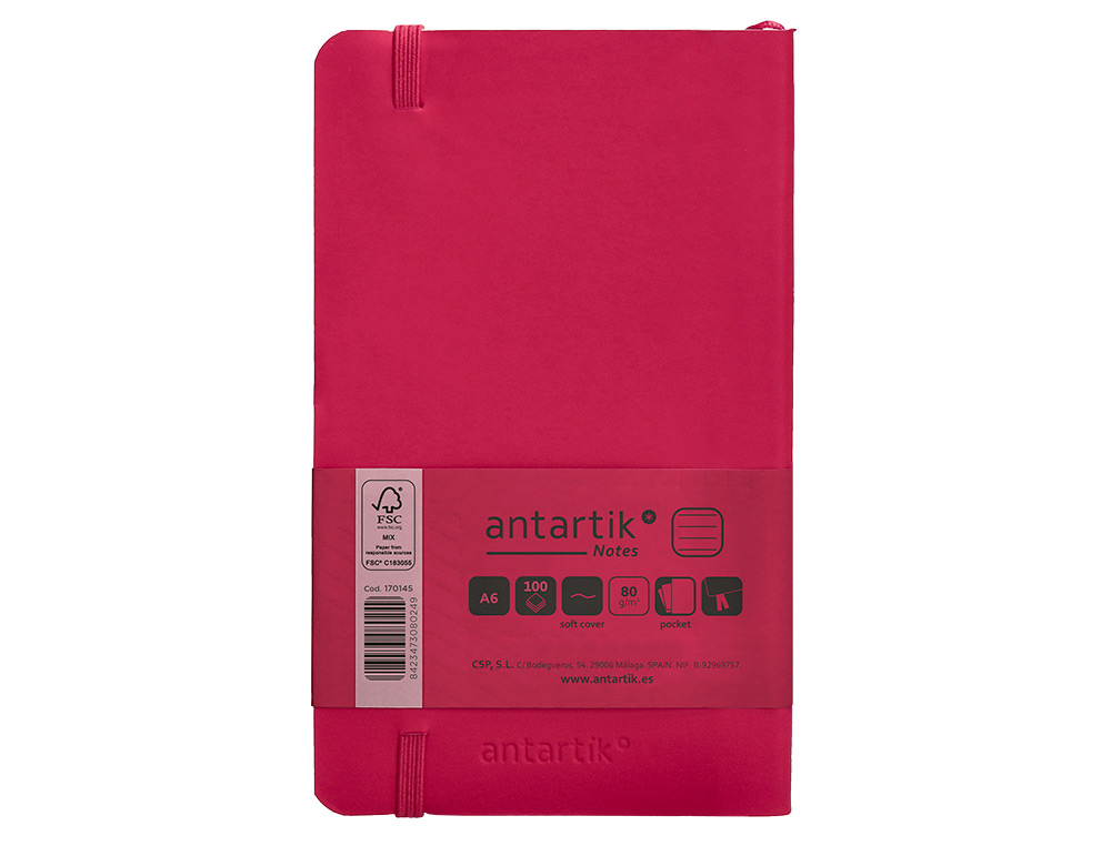 CARNET FERMETURE ELASTIQUE ANTARTIK NOTES COUVERTURE     SOUPLE A6 LIGNE 100 FEUILLES  80GR FSC COLORIS FRAMBOISE