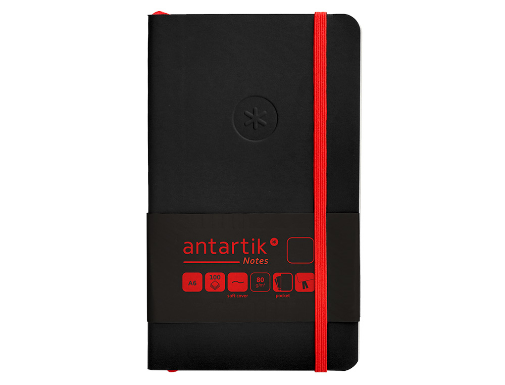 CARNET A6 ANTARTIK NOTES PAPIER UNI IVOIRE COUVERTURE SOUPLE FERMETURE ELASTIQUE ROUGE 100 PAGES 80GR COLORIS NOIR