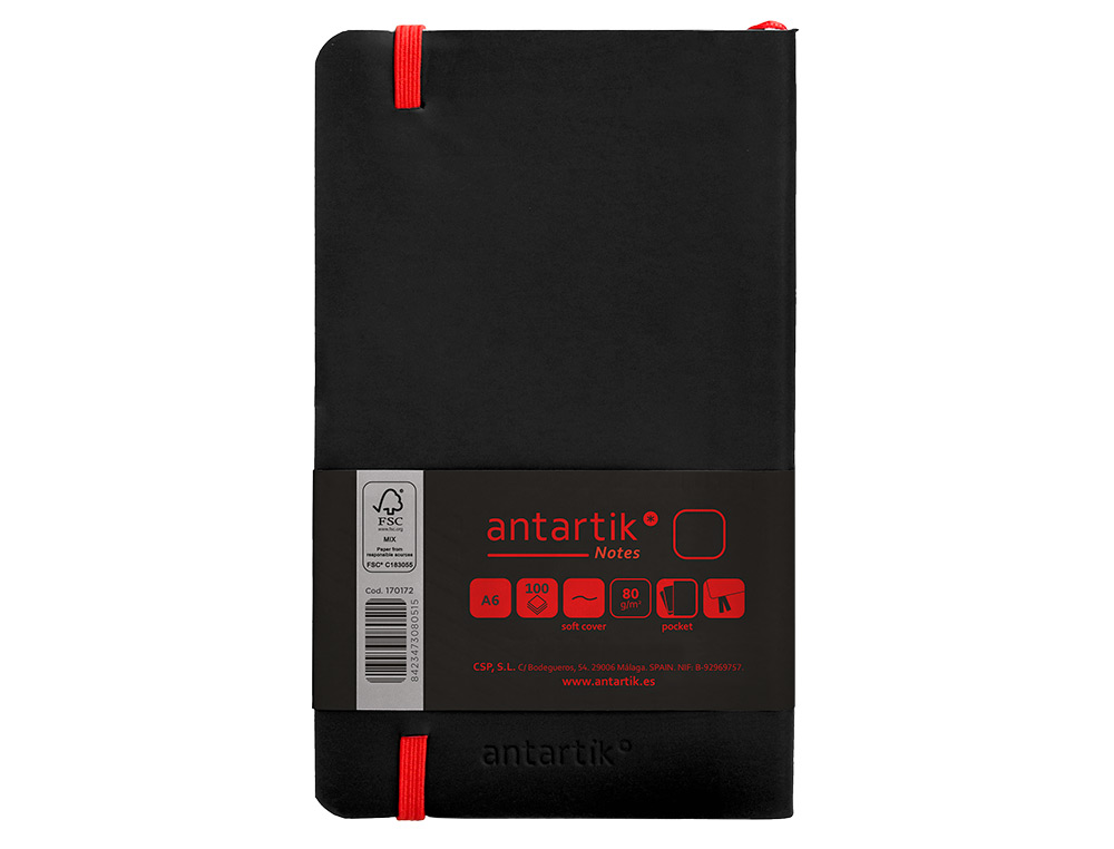 CARNET A6 ANTARTIK NOTES PAPIER UNI IVOIRE COUVERTURE SOUPLE FERMETURE ELASTIQUE ROUGE 100 PAGES 80GR COLORIS NOIR