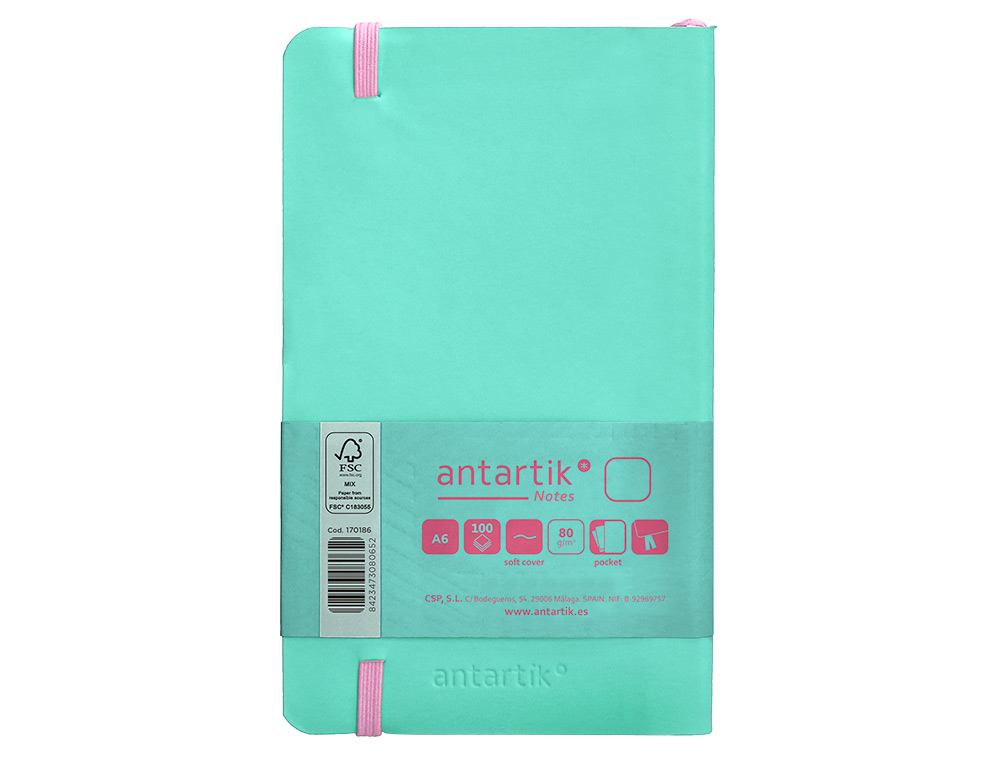 CARNET A6 ANTARTIK NOTES PAPIER UNI IVOIRE COUVERTURE SOUPLE FERMETURE ELASTIQUE ROSE 100 PAGES 80GR COLORIS TURQUOISE