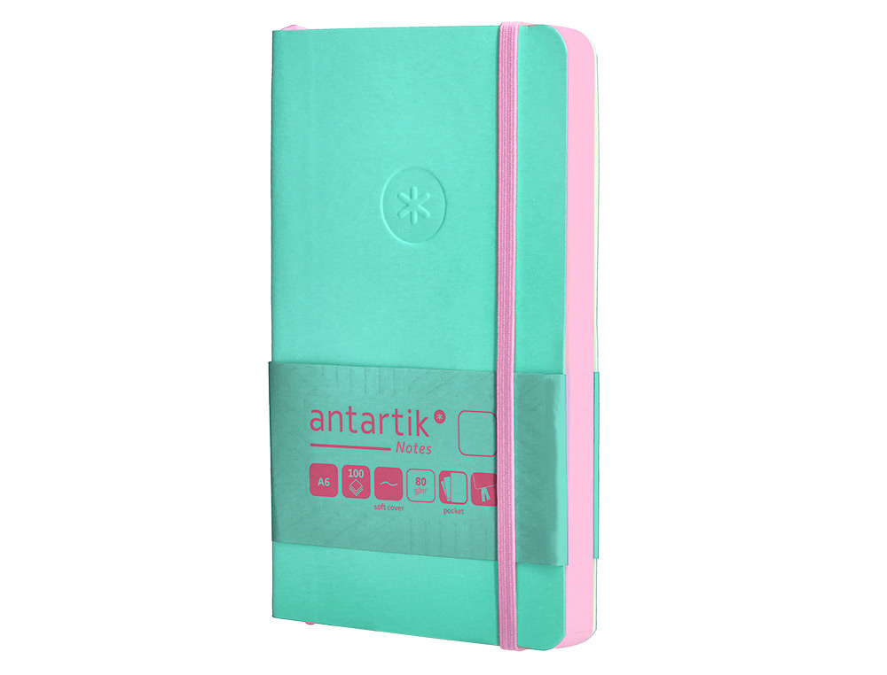 CARNET A6 ANTARTIK NOTES PAPIER UNI IVOIRE COUVERTURE SOUPLE FERMETURE ELASTIQUE ROSE 100 PAGES 80GR COLORIS TURQUOISE