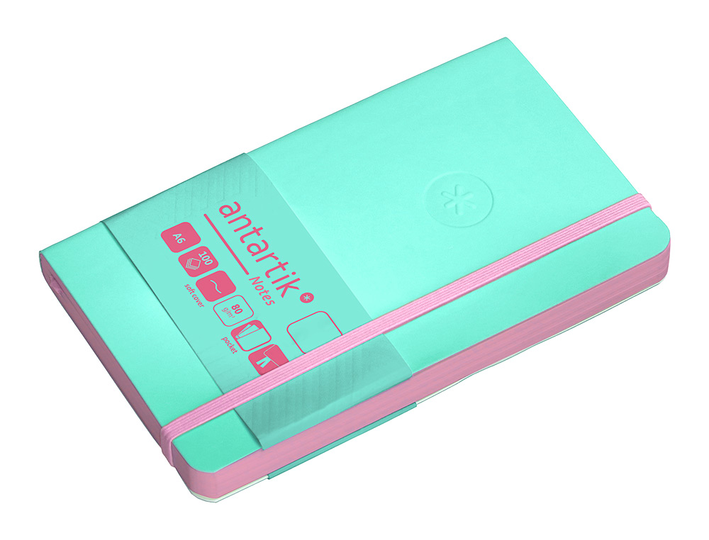CARNET A6 ANTARTIK NOTES PAPIER UNI IVOIRE COUVERTURE SOUPLE FERMETURE ELASTIQUE ROSE 100 PAGES 80GR COLORIS TURQUOISE