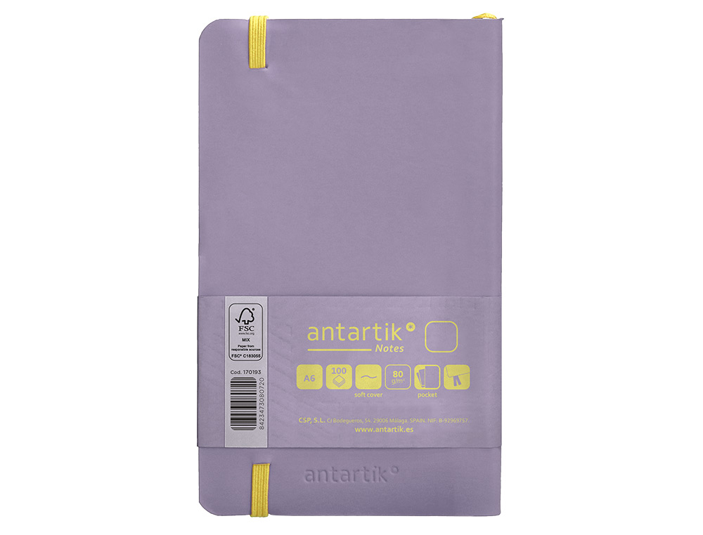 CARNET FERMETURE ELASTIQUE JAUNE ANTARTIK NOTES COUVERTURE SOUPLE A6 PAPIER UNI IVOIRE 100 FEUILLES 80GR FSC LILAS