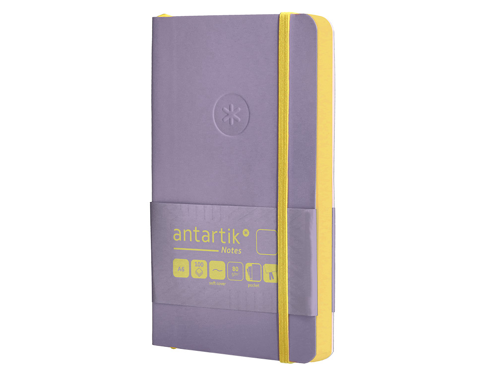 CARNET FERMETURE ELASTIQUE JAUNE ANTARTIK NOTES COUVERTURE SOUPLE A6 PAPIER UNI IVOIRE 100 FEUILLES 80GR FSC LILAS