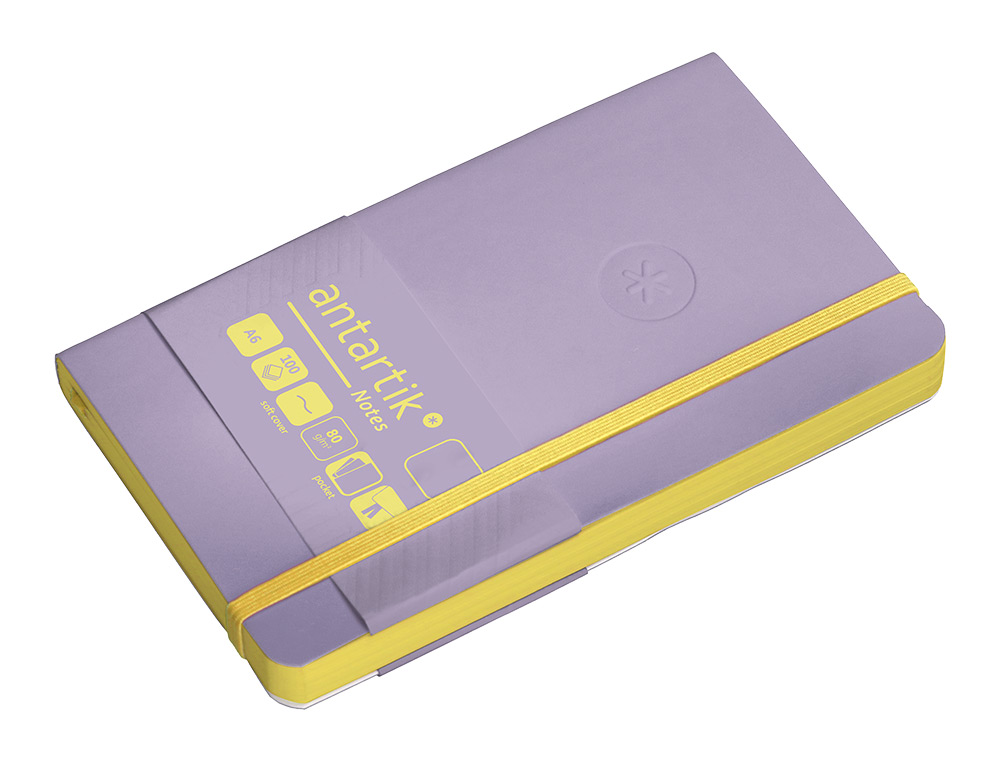 CARNET FERMETURE ELASTIQUE JAUNE ANTARTIK NOTES COUVERTURE SOUPLE A6 PAPIER UNI IVOIRE 100 FEUILLES 80GR FSC LILAS