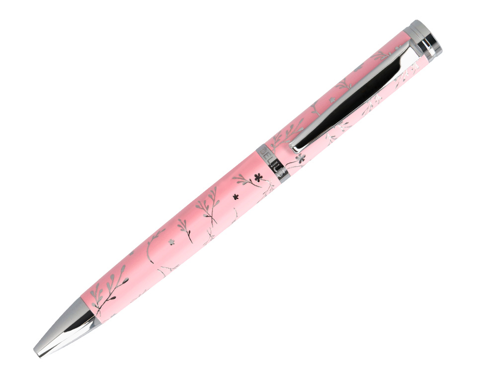 STYLO-BILLE BELIUS BELLA ALUMINIUM ENCRE BLEUE COLORIS ROSE DESIGN RELIEF ARGENTE BOITE DESIGN