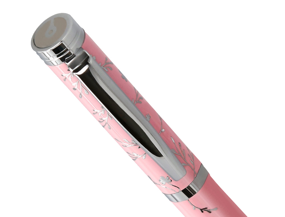 STYLO-BILLE BELIUS BELLA ALUMINIUM ENCRE BLEUE COLORIS ROSE DESIGN RELIEF ARGENTE BOITE DESIGN