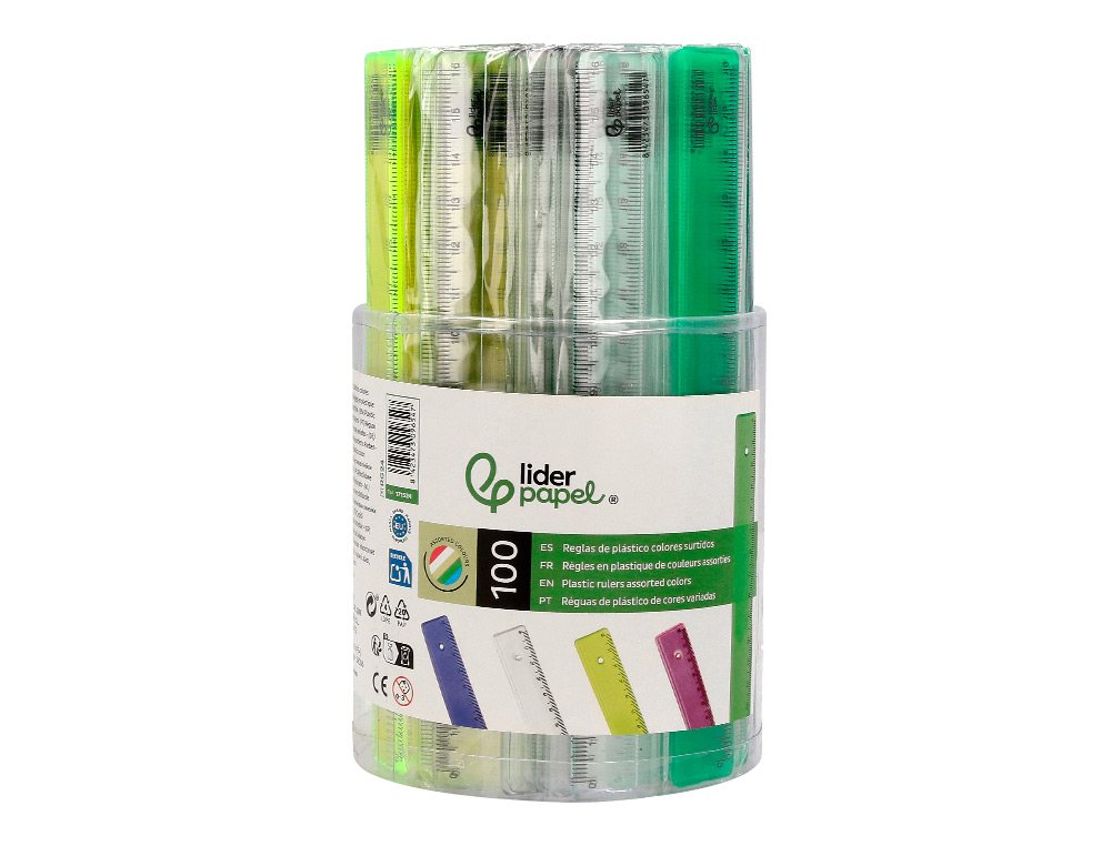 REGLE LIDERPAPEL PLASTIQUE 16 CM COLORIS ASSORTIS POT 100 UNITES