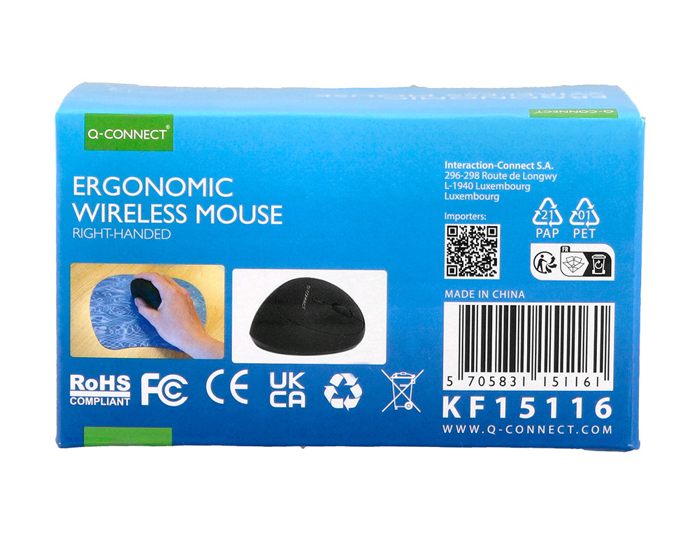SOURIS Q-CONNECT OPTIQUE SANS FIL ERGONOMIQUE VERTICAL DPI  800/1200/1600 PILES AA        COLORIS NOIR