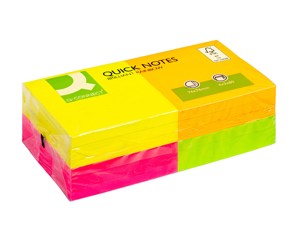BLOC-NOTES Q-CONNECT QUICK NOTES COULEURS NON RAINBOW 76X76MM 80F REPOSITIONNABLES ROSE/ORANGE/VERT/JAUNE 12 BLOCS