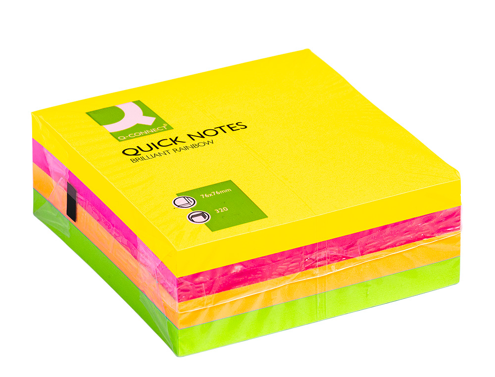 BLOC-NOTES Q-CONNECT CUBE QUICK NOTES 76X76MM 320F REPOSITIONNABLES SANS TRACES COLORIS NÉON