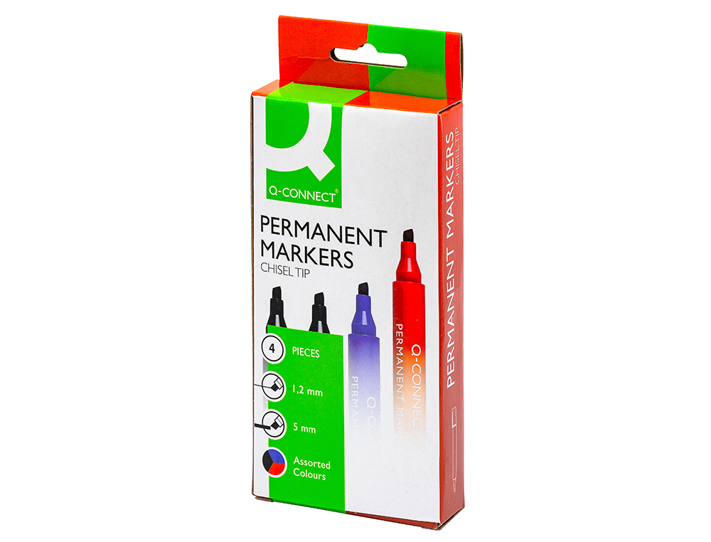 MARQUEUR Q-CONNECT PERMANENT POINTE BISEAUTE TRAC 5MM RSISTANTE CORPS PLASTIQUE POCHETTE 4 UNITS