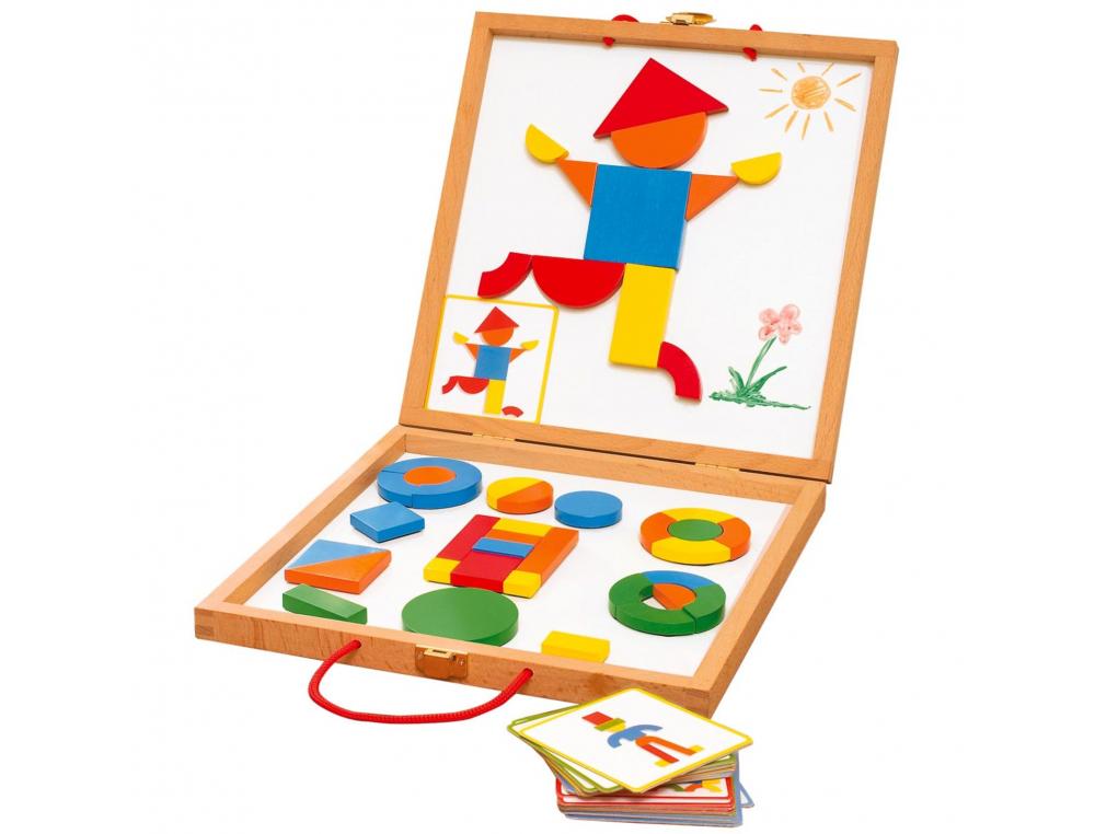 GEOFORME JEU MAGNETIQUE DJECO POUR RECONSTITUER TOUTES      SORTES DE FORMES 42 PIECES EN BOIS ET 24 MODELES
