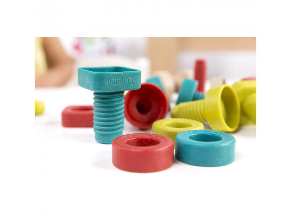 LOT DE VIS ET BOULONS ECO CONUS MINILAND FIBRE         PLASTIQUE ET BOIS 100%        RECYCLEBLE 24 PIECES ET 4