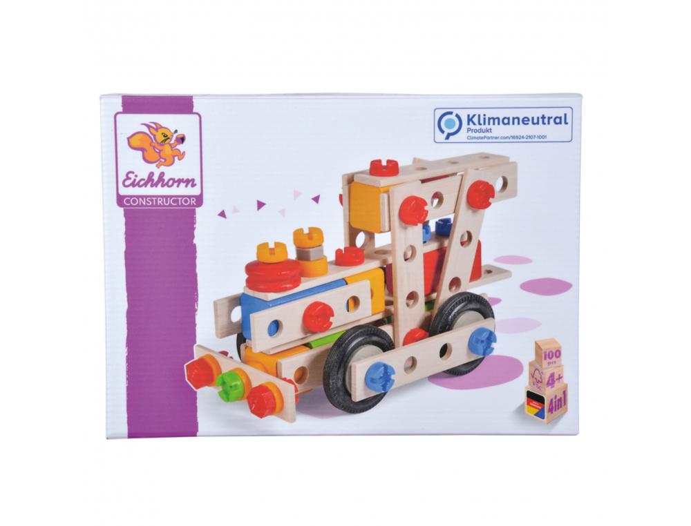 CONSTRUCTION VEHICULES 4 EN 1 EICHHORN 4 CONSTRUCTIONS      POSSIBLES 100 PIECES EN BOIS  VIS EN PLASTIQUE ROUES